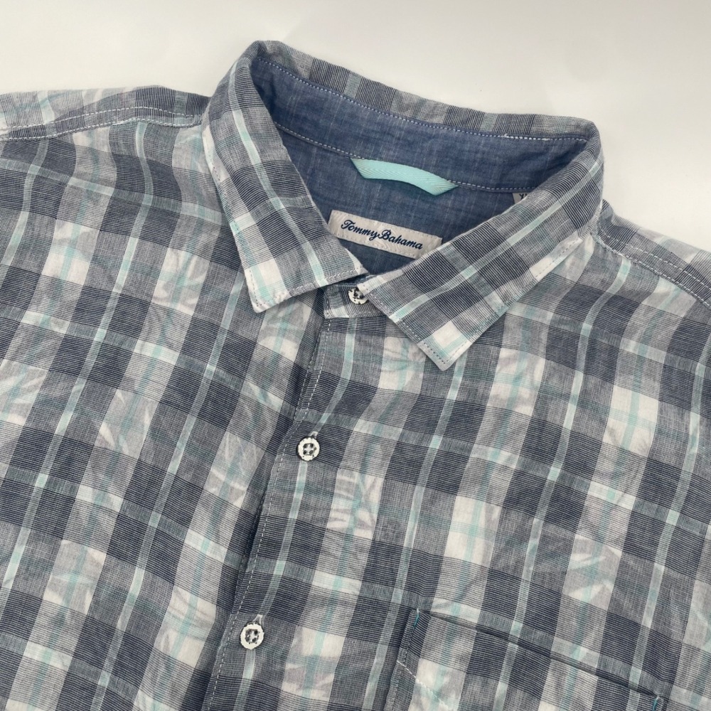 Tommy Bahama Button Down Shirt Mens XL Blue Plaid Tropical Floral Cotton SS